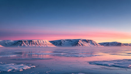 Beautiful winter landscape with frozen lake and mountains at sunset, Icelandの素材