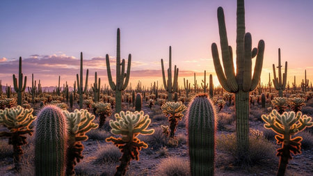 Saguaro National Park, Arizona, USA at sunset with cacti in the foreground.の素材