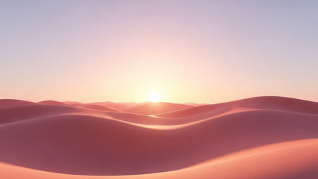 Desert landscape with sand dunes and sunset. 3d renderの素材