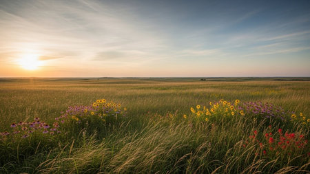 Sunset on the meadow with wildflowers in summer.の素材