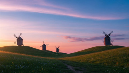 Three windmills at sunset on a green meadow with flowersの素材