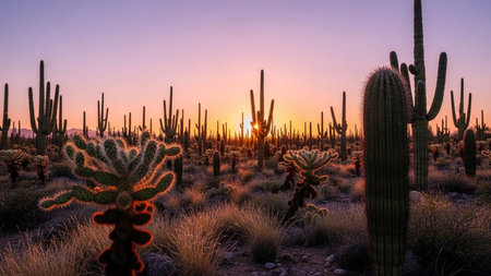 Saguaro National Park at sunset with cactuses in the foregroundの素材
