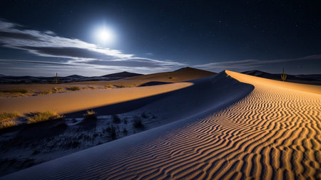 Desert at night with moon and stars. Sand dunes.の素材