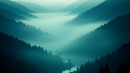 Foggy landscape with a river and coniferous forest.の素材