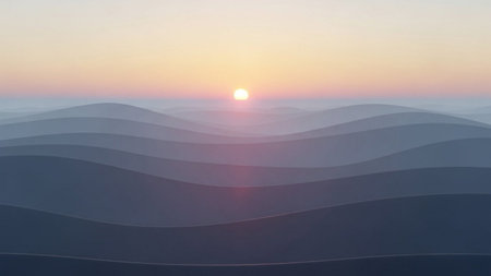 3d illustration of a sun rising over the sea with waves.の素材