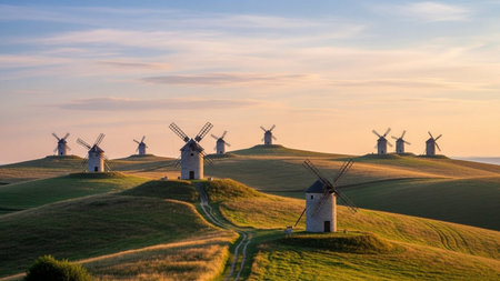 Windmills at sunset in Tuscany, Italy, Europeの素材