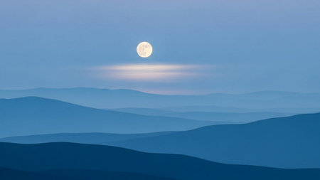 beautiful full moon over the blue mountains in the morning, nature seriesの素材