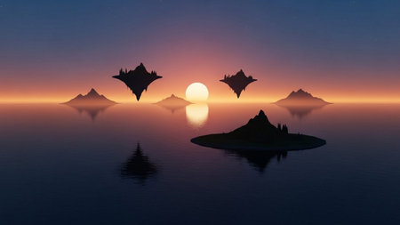 3D illustration of a fantasy island in the ocean at sunset.の素材