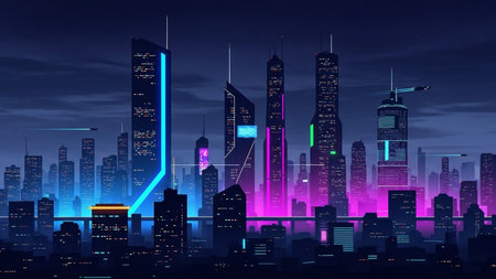 Night city with neon lights and skyscrapers. Vector illustration.の素材