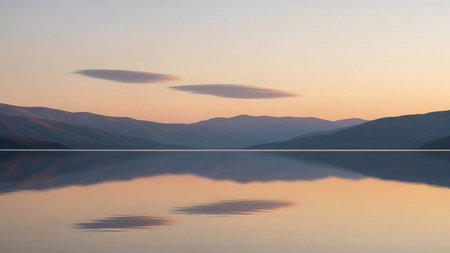 Reflection of mountains in the lake at sunset. Beautiful natural backgroundの素材