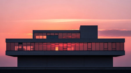 Modern office building at sunset. Architectural details of modern architecture.の素材