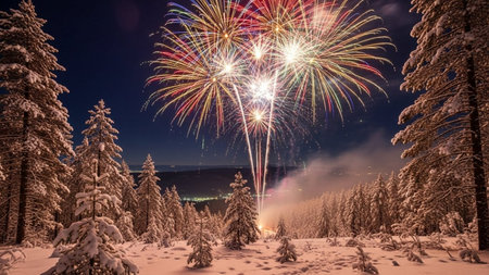Beautiful firework in the mountains. Colorful fireworks in the winter forest.の素材