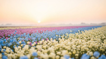 Colorful hyacinth flowers blooming in the field at sunsetの素材