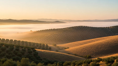 Landscape of Tuscany with fog and olive trees at sunriseの素材