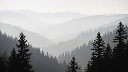 Foggy morning in the Carpathian mountains, Ukraine.の素材