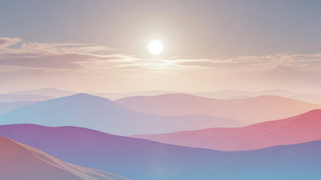 Landscape with mountains and sunset. 3d rendering. Computer digital drawing.の素材