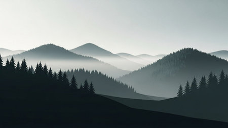Foggy mountains landscape with coniferous trees. 3d renderの素材