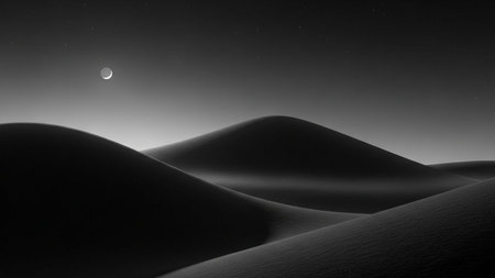 Desert landscape with moon and stars in black and white. 3d illustrationの素材