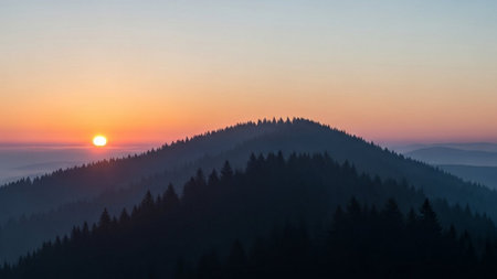 Panoramic view of the mountains covered with fog at sunset.の素材