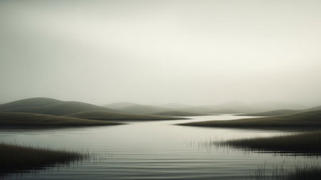 Landscape with lake and hills in foggy day. Toned.の素材