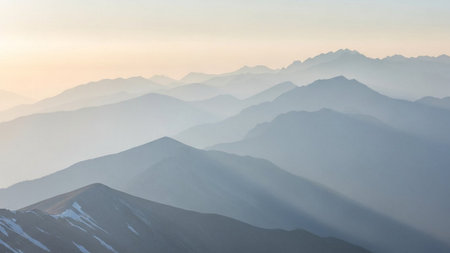 Mountain landscape with snow covered peaks at sunrise. Caucasus Mountains, Georgia.の素材