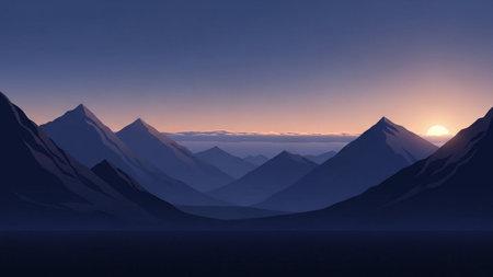 Beautiful sunset over the mountains. 3D rendering. Computer digital drawing.の素材