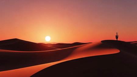 Desert landscape with sand dunes and cactus at sunset.の素材