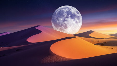 Desert dunes at night with full moon. 3d renderの素材