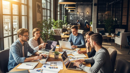 Group of young business people in smart casual wear working together in modern office.の素材