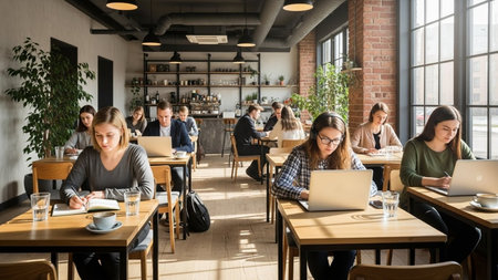 Group of students sitting in a cafe and working on laptop computers.の素材