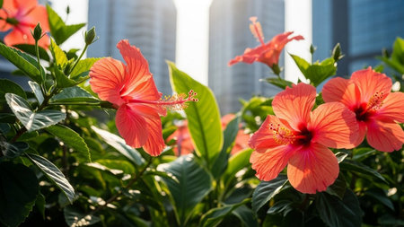 Hibiscus flower in the garden with skyscrapers backgroundの素材