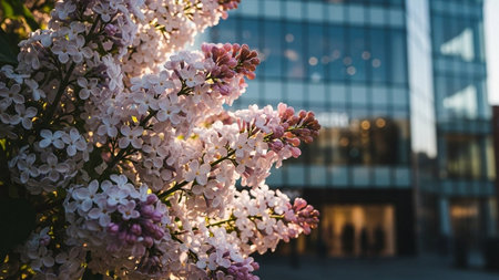 Lilac flowers blooming in front of a modern office buildingの素材