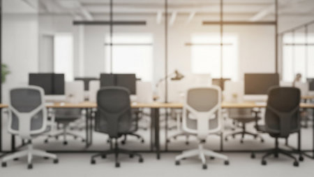 Blurred view of modern open space office with white walls, concrete floor, rows of computer tables and chairs. 3d renderingの素材