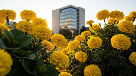 Yellow marigold flowers blooming in the city park at sunsetの素材