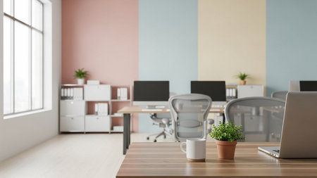 Interior of modern open space office with white and pink walls, wooden floor and rows of computer tables with chairs and bookcases. 3d renderingの素材