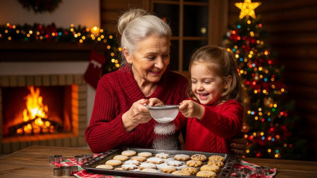 Grandmother and granddaughter baking cookies at home near fireplace in Christmas eveの素材
