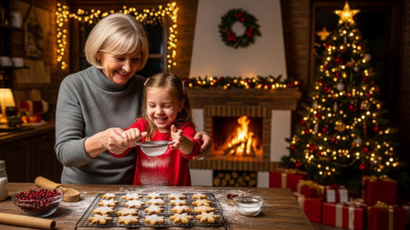 Grandmother and granddaughter baking cookies for Christmas at home in decorated living roomの素材