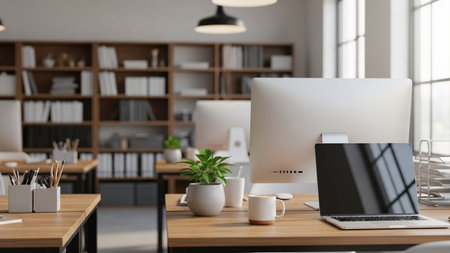 Modern workplace with computer, supplies and coffee cup in office. 3D renderingの素材