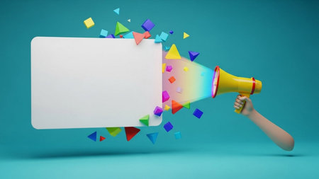 Hand with megaphone and blank card. 3d illustration.の素材