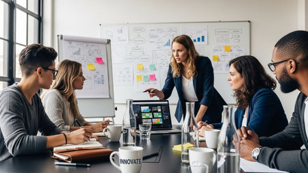 selective focus of multicultural businesspeople using digital tablet during meeting in officeの素材