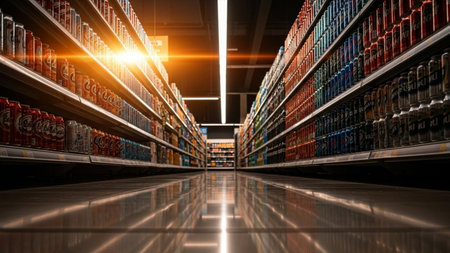 supermarket aisle with bottles of cola. 3d rendering.の素材