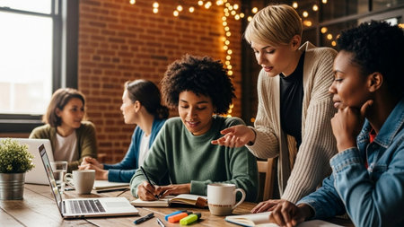 Happy multiethnic group of young business people working and communicating together in creative officeの素材