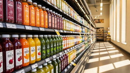Supermarket shelf with variety of juices, juices and smoothies.の素材