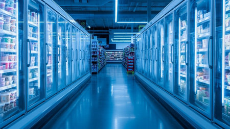Supermarket aisle with shelves full of food and drinks in blue toneの素材