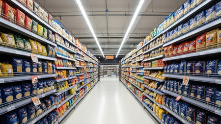 Shelves and shelves in a supermarket with products in the foregroundの素材