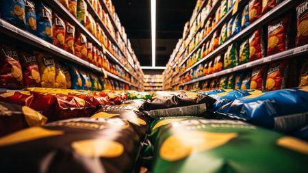 Supermarket aisle filled with rows of packages of soft drinks and snacksの素材