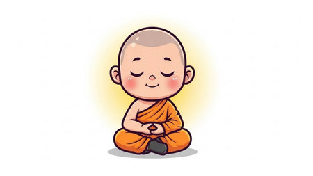 Cute cartoon buddhist monk meditating. Vector illustration.の素材