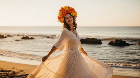 Beautiful bride in a wreath of flowers on the beach at sunsetの素材