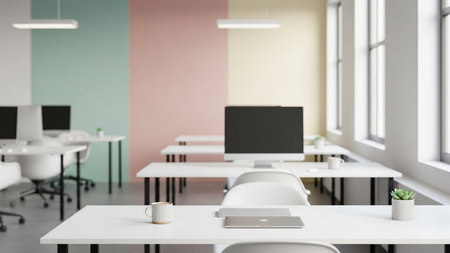 Interior of modern office with white tables and white chairs. 3d renderingの素材