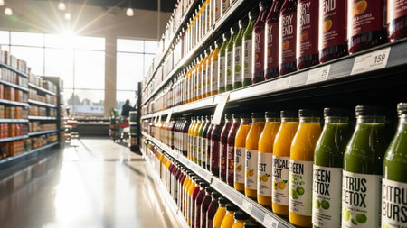 Shelves with bottles of various juices in the supermarket.の素材